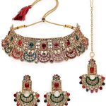 Gold Plated AD Stones Choker Necklace Set With Earring And Maangtika | Jewellery Set For Women