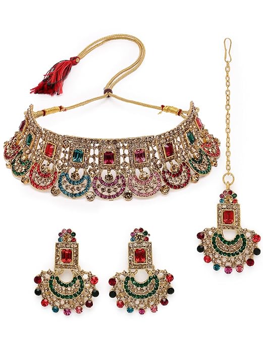 Gold Plated AD Stones Choker Necklace Set With Earring And Maangtika | Jewellery Set For Women